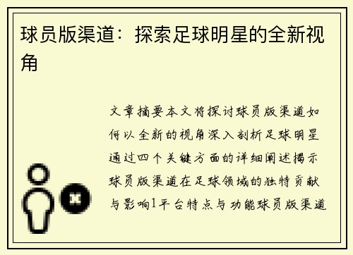 球员版渠道：探索足球明星的全新视角