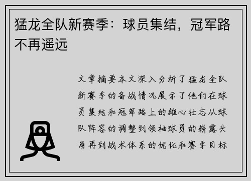 猛龙全队新赛季：球员集结，冠军路不再遥远